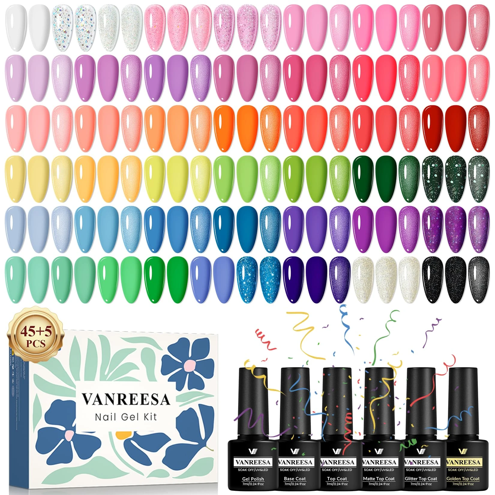VANREESA Gel Nail Polish Set, 45+5 PCS UV Gel Nail Polish Orange Pink Red Blue Green Bright Colours Gel Nail Varnish Gels Polish Set with Base Top Coat Gifts for Women DIY at Home