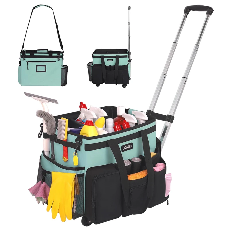 JKAOO Large Rolling Cleaning Caddy Bag with Detachable Trolley, Waterproof Cleaning Caddy on Wheels for Housekeepers, Cleaning Cart Supplies Organizer for Home,Car,Office,Picnic (Blue-Green) (Patent)