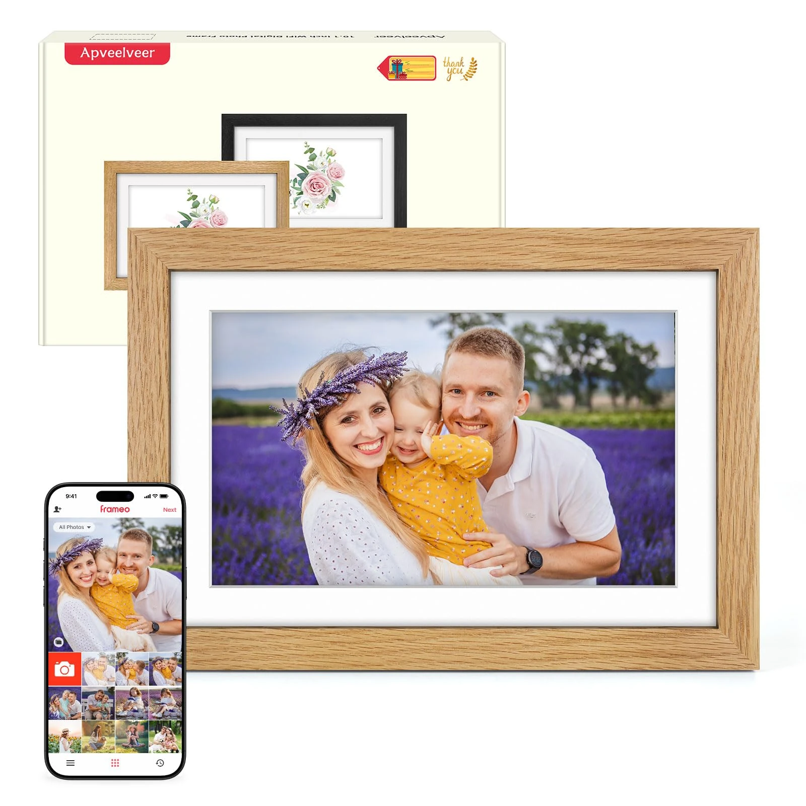 Digital Photo Frame WiFi Oak Wood Frame, Frameo Digital Picture Frame 10.1 Inch, 32GB Memory, 1280 * 800 HD IPS Touchscreen, Auto-Rotate, Share Photos Videos via Frameo APP, Gifts for Women/Men
