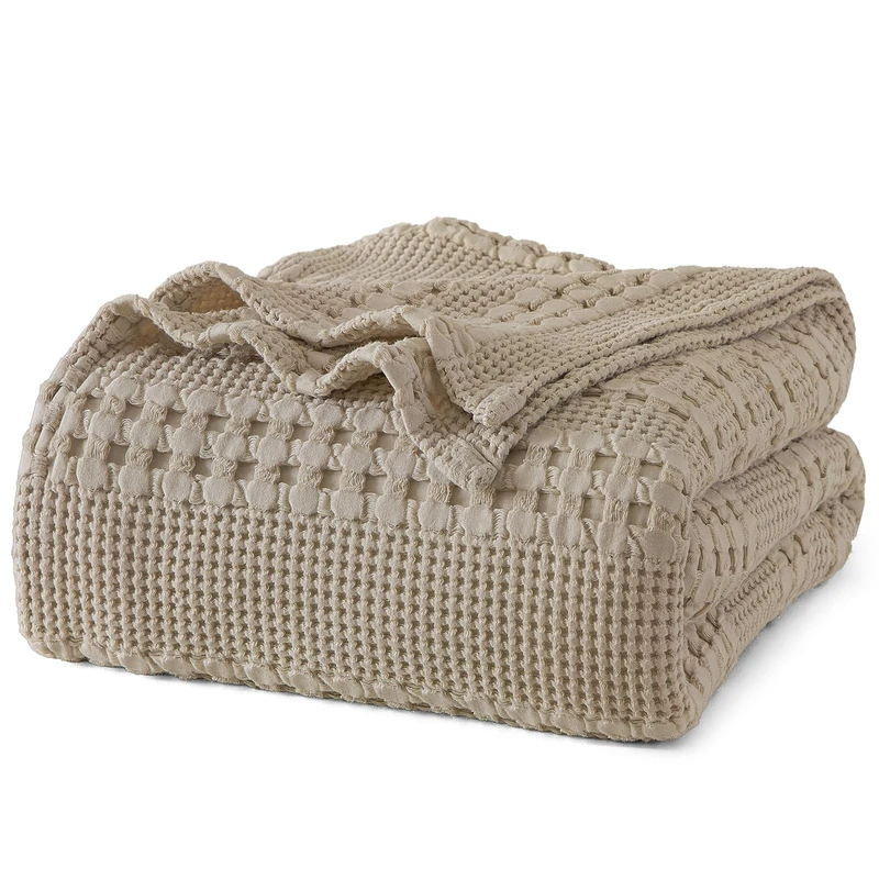 PHF 100% Cotton Waffle Weave Blanket Queen Size for Bed, Soft Lightweight & Breathable, All-Season Comfort, Luxury Aesthetic Christmas Blanket for Home Decor, 90"x90", Taupe