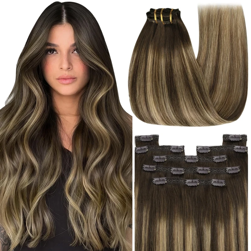 YoungSee Clip in Hair Extensions Real Human Hair Brown 12inch 80g Clip in Human Hair Extensions Balayage Chocolate Brown Mix Caramel Blonde Clip in Extensions for Women Short Straight 7pcs Reusable