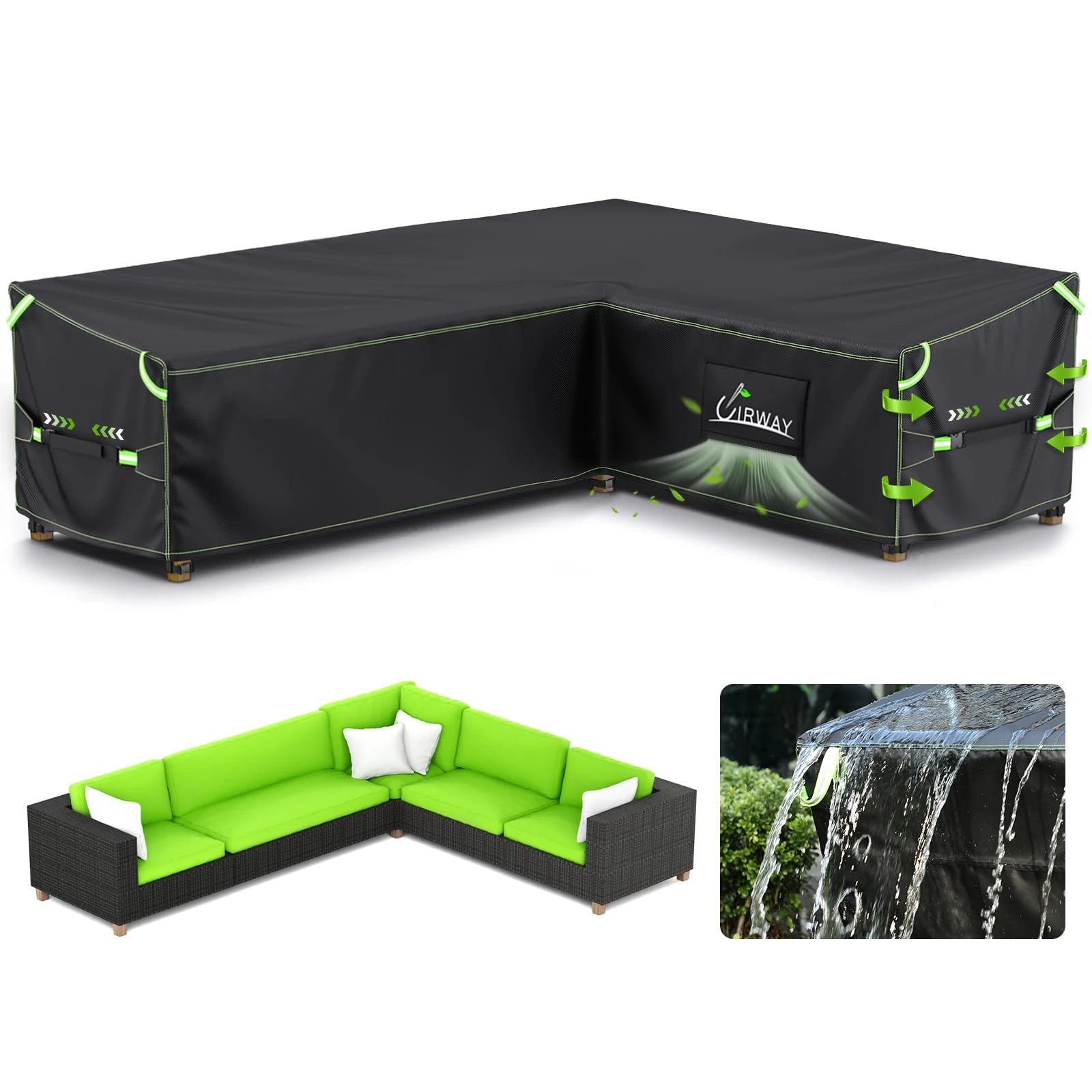 UIRWAY L-Shape Garden Furniture Cover Waterproof with Air Vent, 270x216x87cm Heavy Duty 420D Oxford Fabric Outdoor Rattan Corner Sofa Cover with Waterproof Tape Reflective Strips