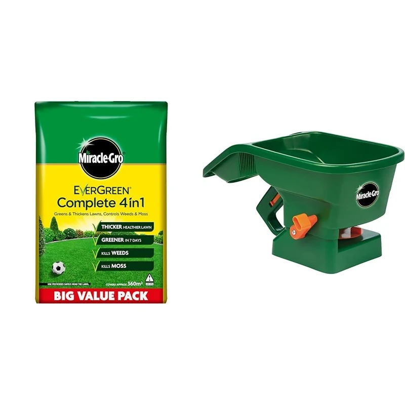 Miracle-Gro Evergreen Complete 4-in-1 Lawn Food, Weed & Moss Control, 360 m2 & Handy Lawn Seed Spreader