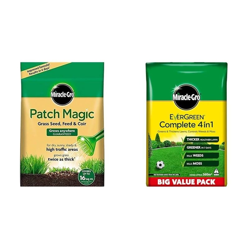 Miracle-Gro Patch Magic Grass Seed, Feed and Coir 3.6 kg - 48 patches & Evergreen Complete 4-in-1 Lawn Food, Weed & Moss Control, 360 m2