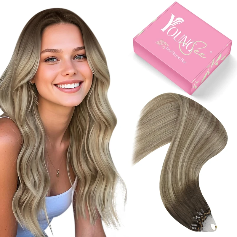 YoungSee Micro Beads Hair Extensions Ombre 16inch Micro Hair Extensions Real Human Hair Dark Brown Ombre Light Brown with Blonde Micro Ring Extensions Dark Brown for School Smooth Cold Fusion 50s 50g