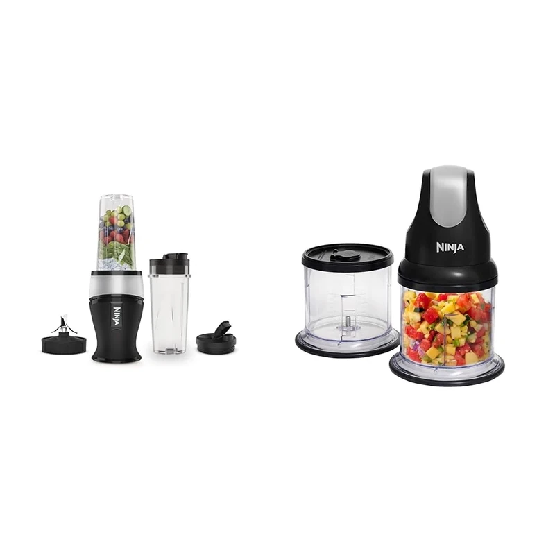 Ninja 700W Slim Blender & Smoothie Maker, 2x 470ml Cups with Spout Lids, Personal Blender, Crush Ice & Frozen Fruit, Silver/Black QB3001UKS & Professional Chopper [NJ1002UKBK] Stackable, 200W, Black