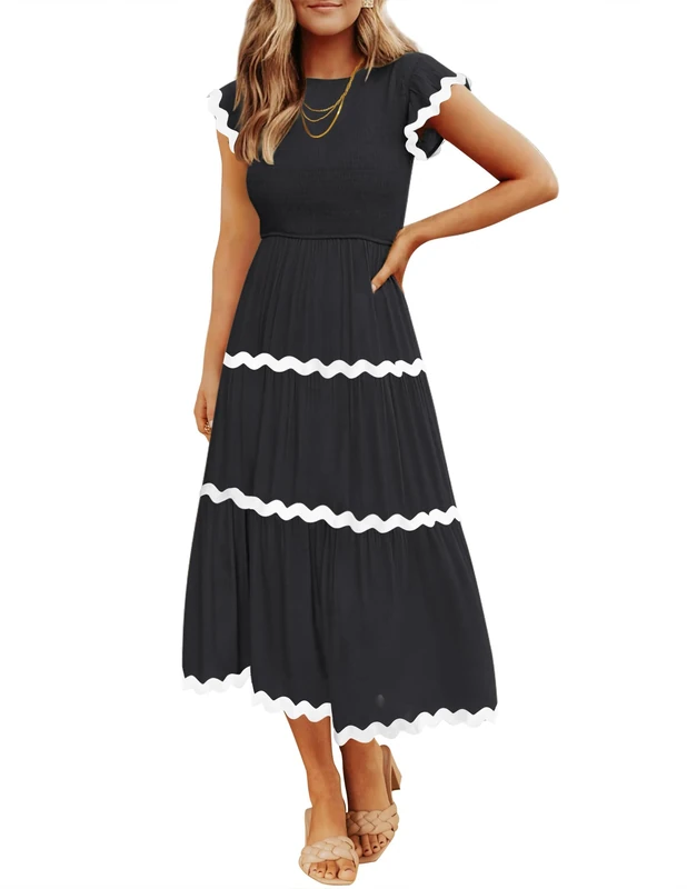 ZESICA Women's Summer Flutter Short Sleeve Smocked Midi Dress Casual High Waist Rickrack Tiered Flowy Dresses, Black, L - Image 1