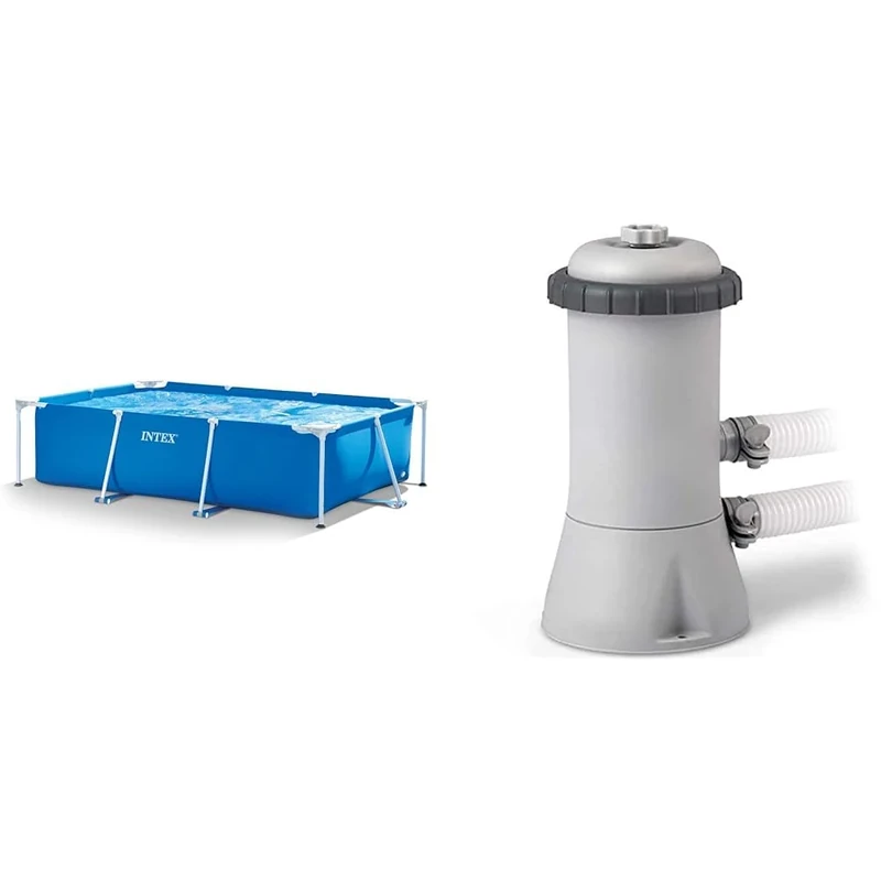 INTEX | 28272 Metal Frame Rectangular Outdoor Swimming Pool, Filter Pump Not Included & 28638BS 1000 GPH 220-240 V Cartridge Filter Pump - Grey