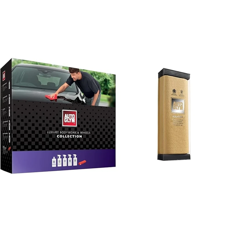 Autoglym Luxury Bodywork And Wheels Collection, 6pc Car Cleaning Kit, Car Cleaning Gift Set, Black & Hi-Tech Aqua-Dry Chamois - Super Absorbent Hard Wearing Synthetic Leather Chamois