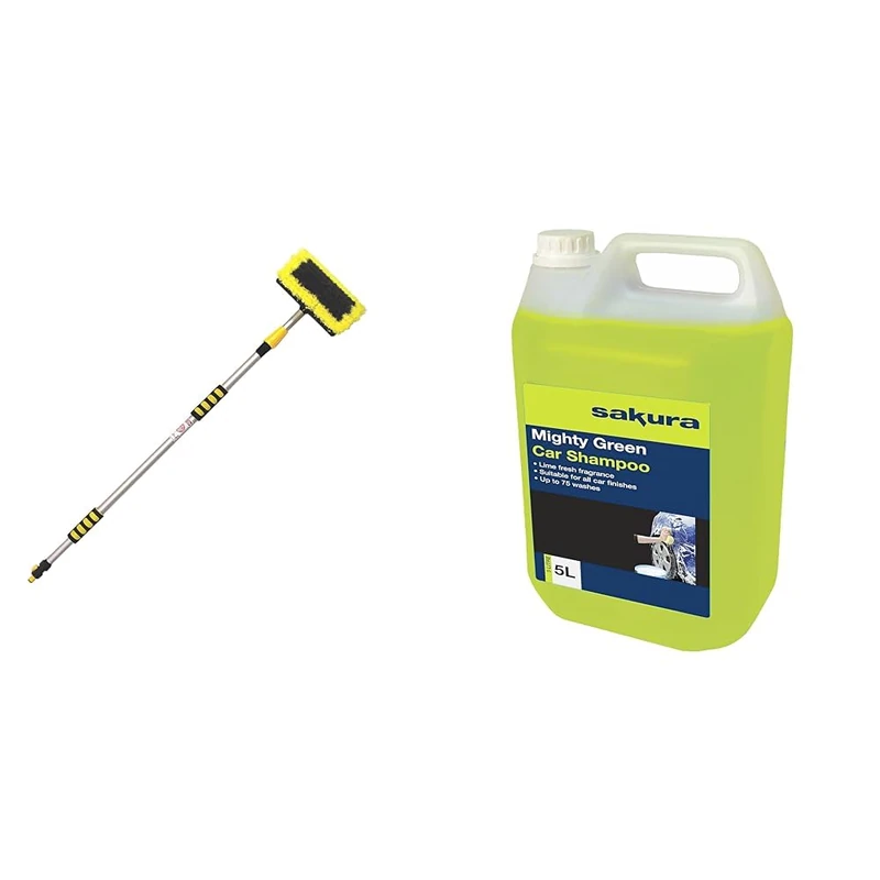 Sakura SS5085 Telescopic Wash Brush & 5L Mighty Green Car Wash Shampoo SS4619 – For All Vehicle Paint Finishes - 75 Washes (Packaging may vary)