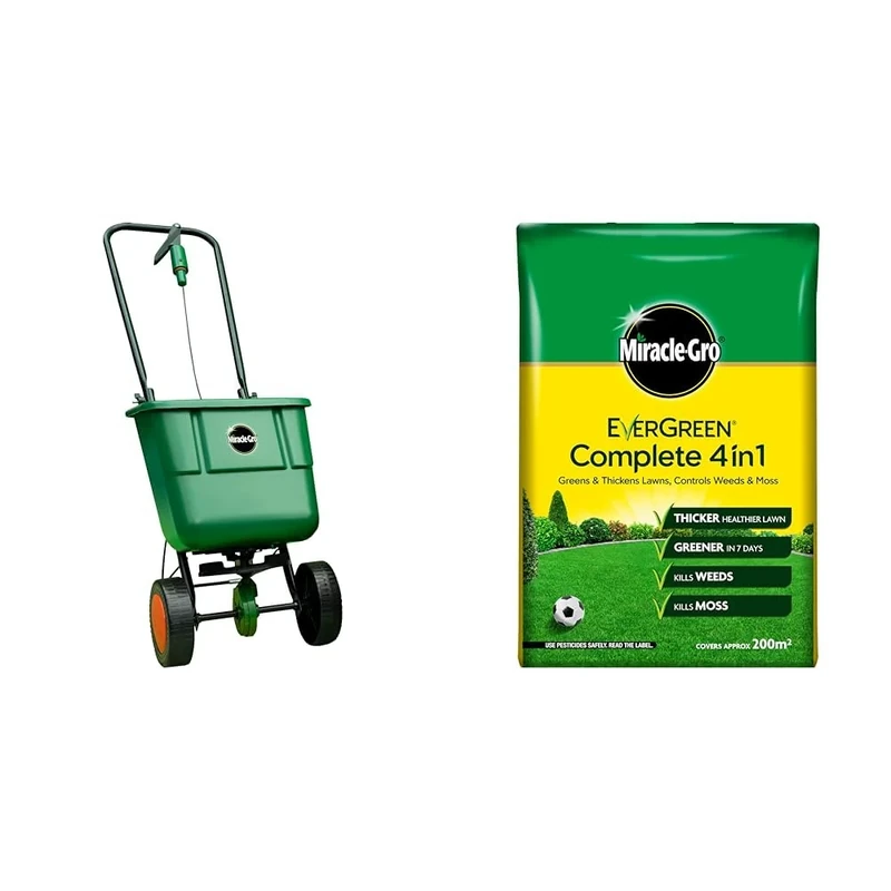 Miracle-Gro Rotary Seed Spreader & Evergreen Complete 4-in-1 Lawn Food - 200 m2, Weed & Moss Control