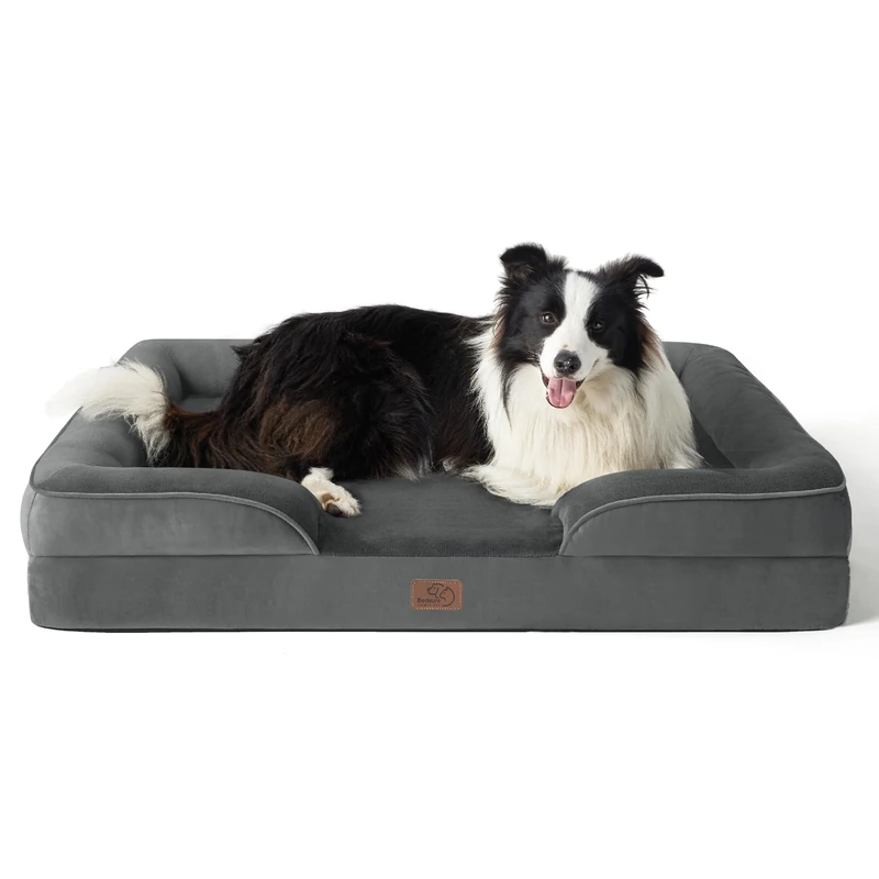 Bedsure Large Dog Sofa Bed - Washable Orthopedic Dog Beds and Couch with Removable Flannel Zipper Cover, Dark Grey, 89x63x16cm