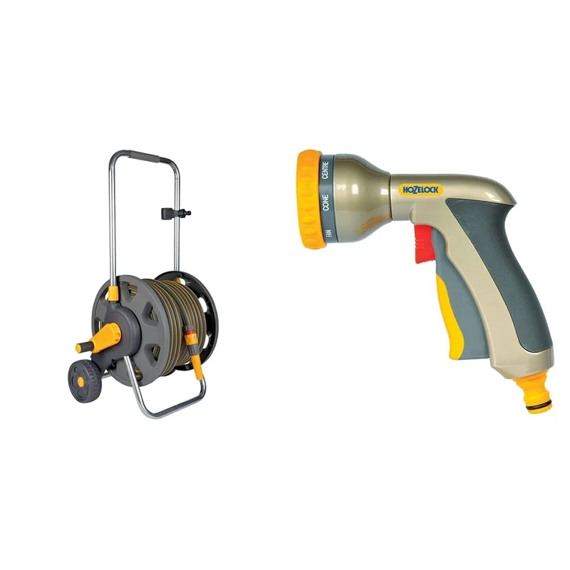 HOZELOCK - Cart Plus 50m of Ultramax Hose (12.5 mm): Max Capacity 60m, Rewind Handle, Sturdy Frame & Multi-Jet Spray Gun Plus : Ergonomic, Extremely Compact Metal Multi-Task Gun for Ease of Use