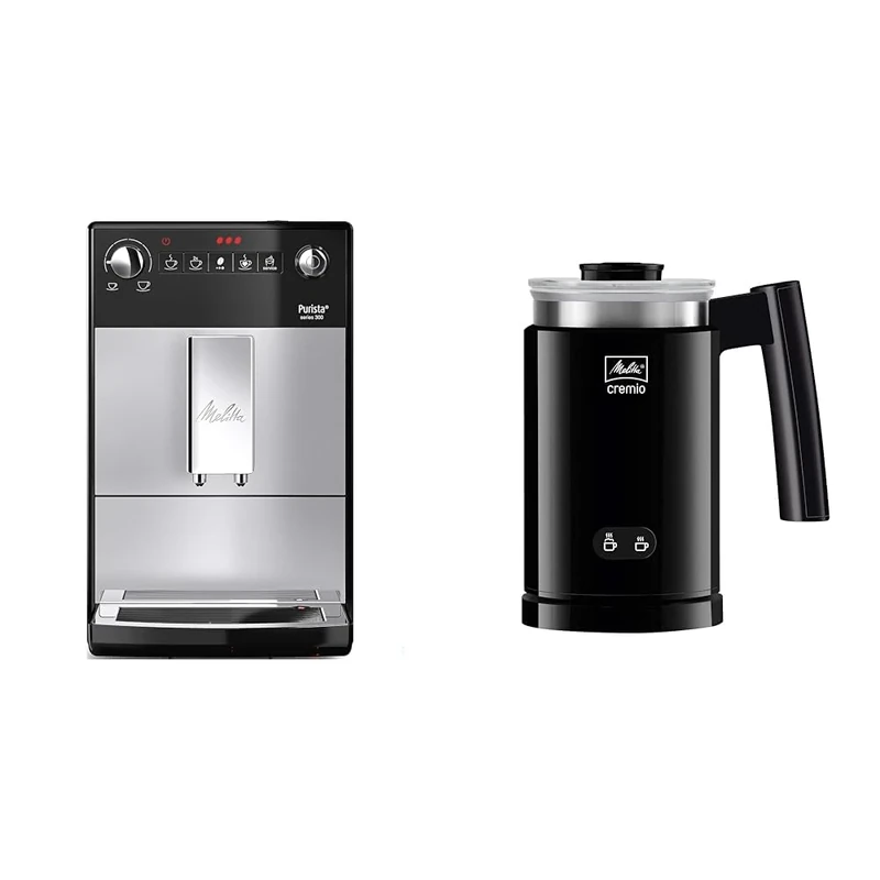 Melitta Automatic Espresso Machine, Purista Model, F230-101, Silver, series 300 & 6758122 Cremio II Milk Frother, Bamboo, 450 W, Black