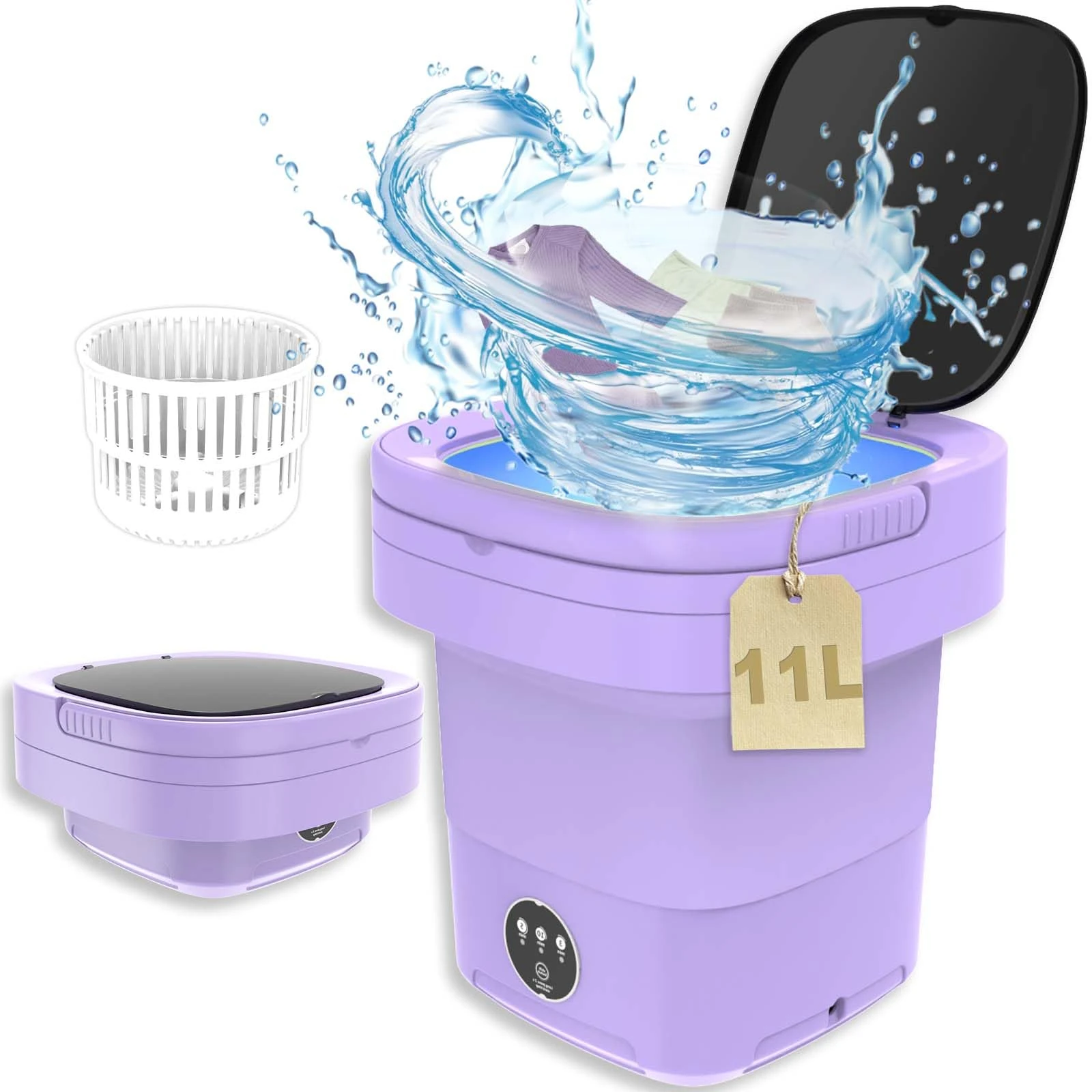 Portable Washing Machine, 2 in 1 11L Mini Foldable Washer with Drain Basket, Large Intelligent Laundry Machine for Baby Clothes, Underwear, Apartment, Camping, RV,Travel, Purple