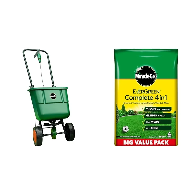 Miracle-Gro Rotary Lawn Seed Spreader & Evergreen Complete 4-in-1 Lawn Food, Weed & Moss Control, 360 m2
