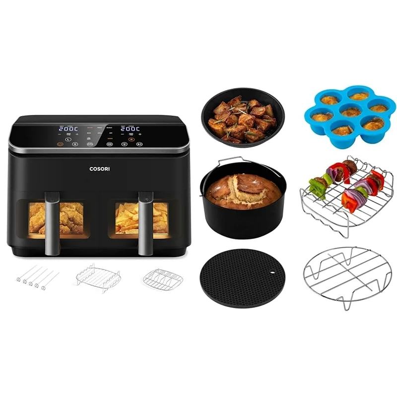 COSORI Dual Air Fryer, 8.5L Family Capacity, 8-In-1, Sync Cook & Finish, 2 Non-Stick Drawers & Air Fryer Accessories Set, Fit All of Brands 3.5 L, Pack of 6 Including Cake Pan/Pizza Pan