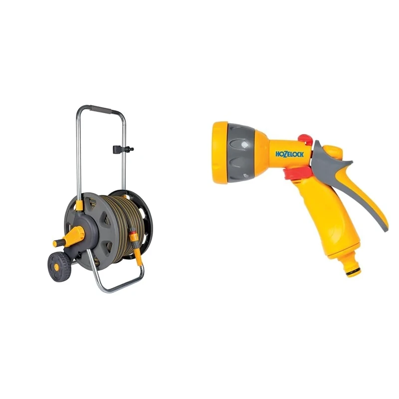 HOZELOCK - Cart Plus 50m of Ultramax Hose (12.5 mm): Max Capacity 60m, Rewind Handle, Sturdy Frame & Multi-Jet Spray Gun : Ideal for Daily Use, Multi-Tasking Gun, Locking Function and Flow Control