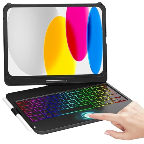 MMK Keyboard Case for iPad A16 11th Generation 2025 and 10th Generation 2022 (11/10.9 inch), Multi-touch Trackpad & 7 Color Backlight & 360°Flip Hard-shell, Compatible with iPad 11/10 Gen, Black