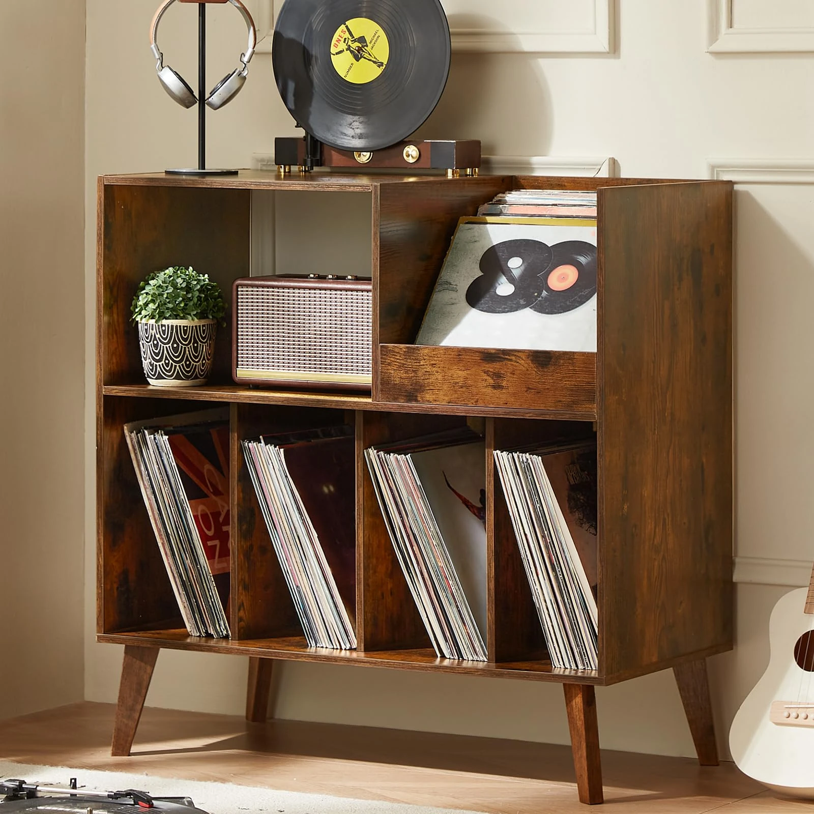 Large Record Stand With Storage and Shelf - Vinyl Holder With Presentation Surface for Up to 300 Albums - Music Room and Living Room