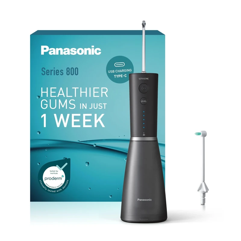Panasonic Series 800 Water Flosser for Teeth, Cordless EW-DJ86-K511, 99.9% Plaque Remover, USB-C Charging, Ultrasonic, Orthodontic Nozzle, 5 Pressure Settings, Oral Irrigator for Home & Travel, Black