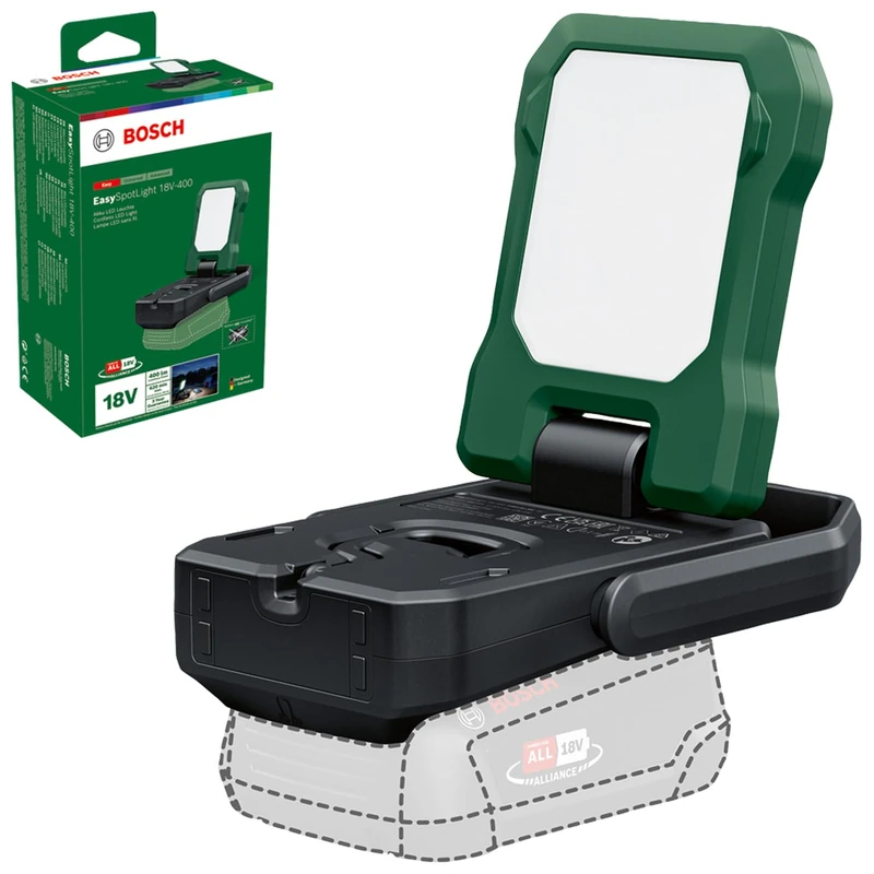 Bosch Cordless LED Light/Camping lamp EasySpotLight 18V-400 (Warm/Cold White Light; 3 Brightness Setting, Head Foldable/Turnable: 360°/180°; 18V; Powerbank USB-C®; Without Battery)