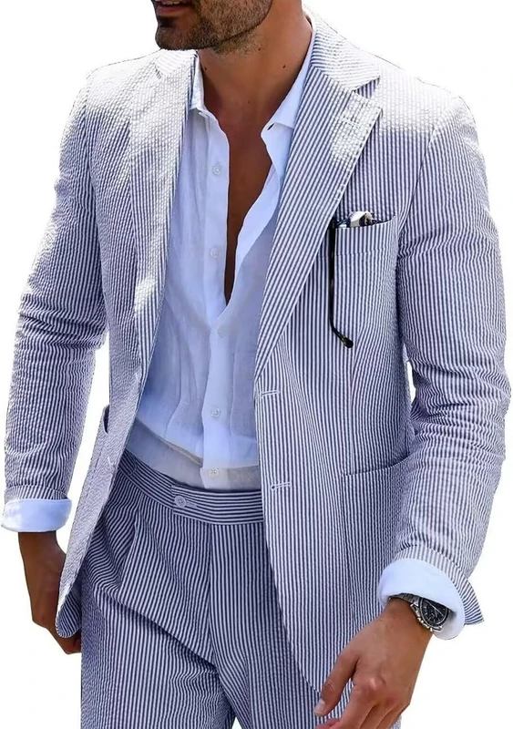 Seersucker Slim Suits for Men Formal Casul Summer Beach Wedding Grooms 2 Piece Blazer Pants Party Striped Suit Sets, Blue, M