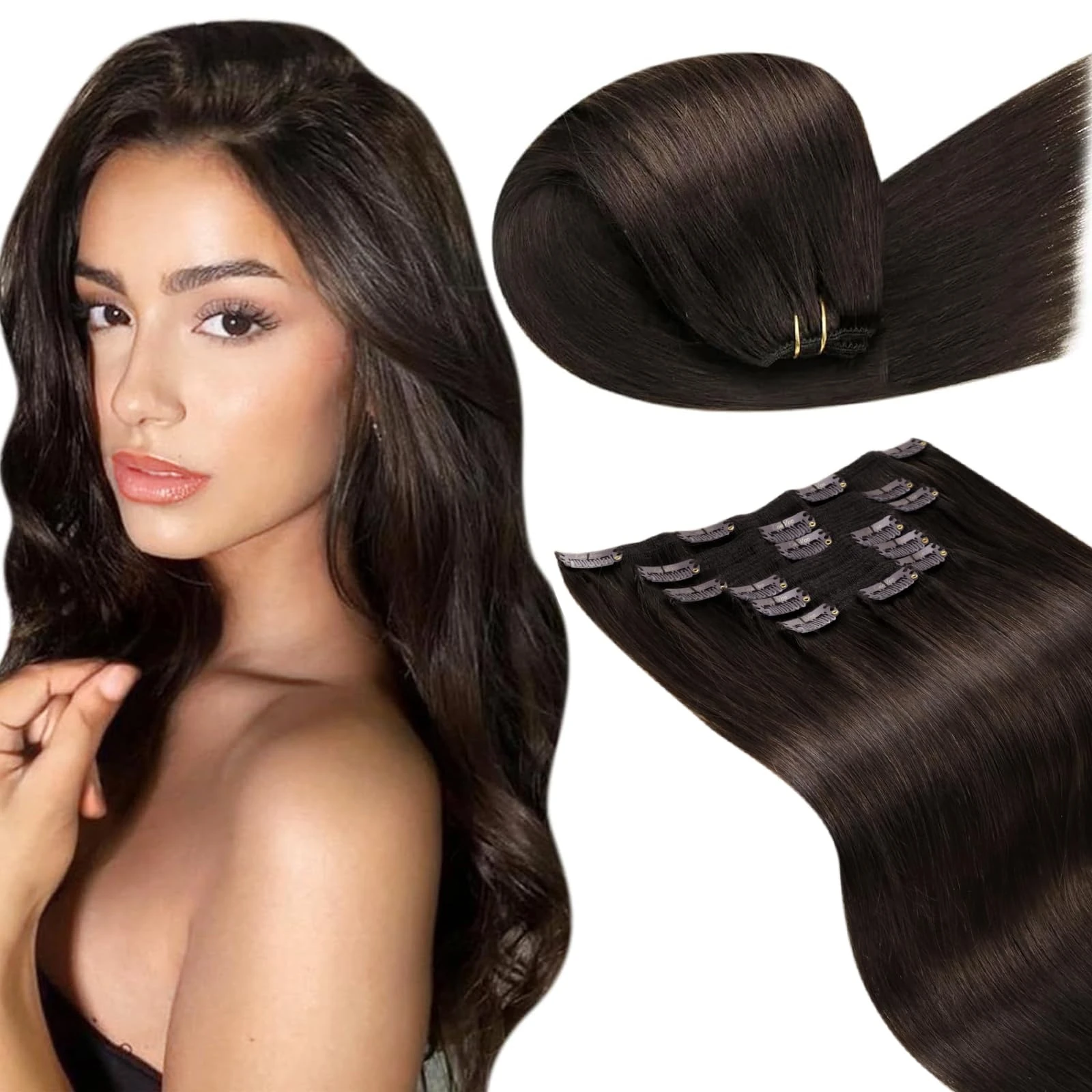 LaaVoo Clip in Hair Extensions Real Human Hair Dark Brown Hair Extensions Clip in 22 Inch 150g 7pcs Full Head Remy Straight Darkest Brown Hair Double Weft #2