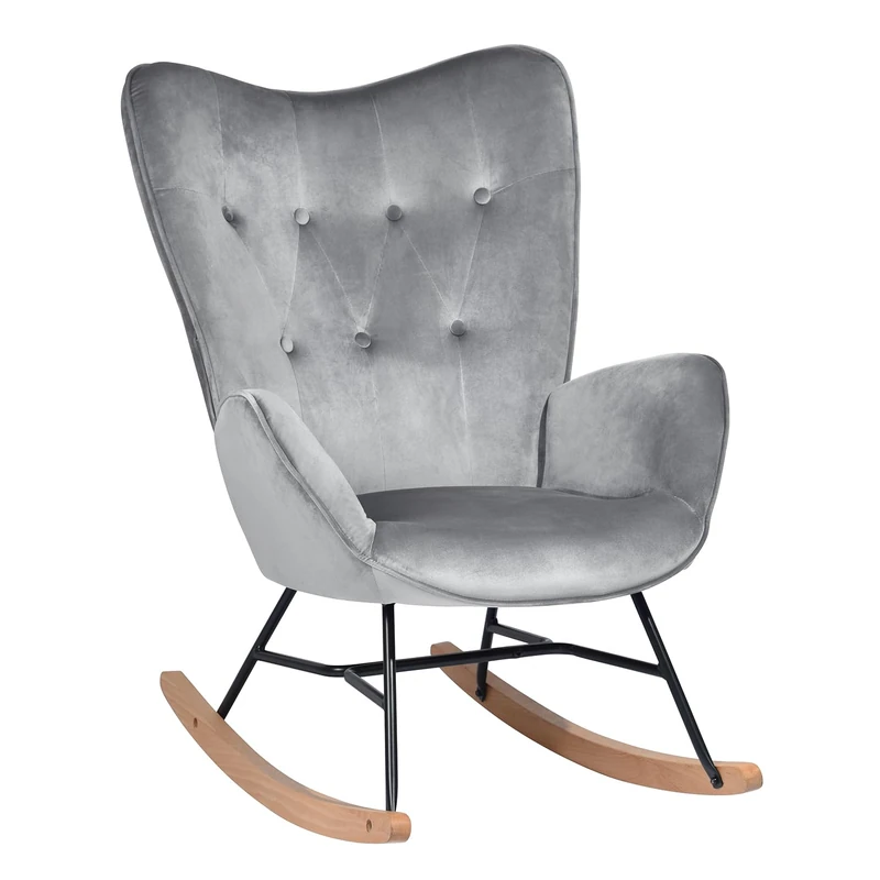 39F FURNITURE DREAM Velvet Rocking Children's Relaxing Scandinavian Armrest Lounge Chair with High Back Bedroom Office Living Room, Grey, 68x87x98cm - Image 1
