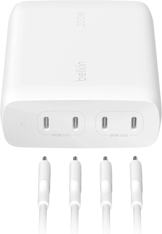 Belkin BoostCharge Pro 4-Port USB-C GaN Wall Charger, 200W Multi-Port Charger w/USB-C PD 3.1 Fast Charge + 5ft Power Cord for MacBook Pro, iPhone 17, Air, iPad, Galaxy S25, Pixel 10, Laptop - White