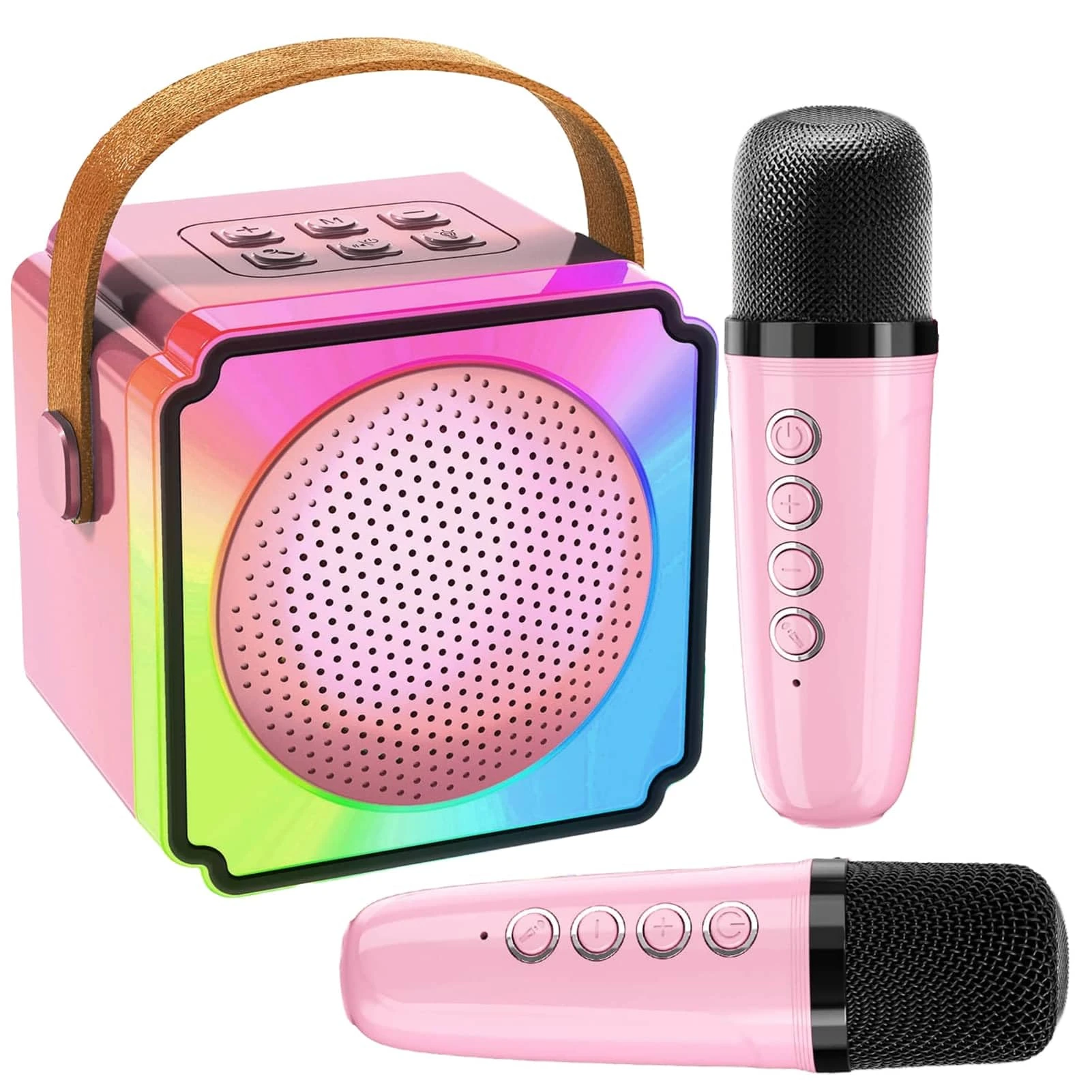 Joycome Karaoke Machine 2 Microphones for Kids Adults, Mini Portable Bluetooth Speaker with LED Light and Voice Changing, Birthday Presents Toys for 3 4 5 6 7 8 9 10+ Years Old Girls Boys - Pink