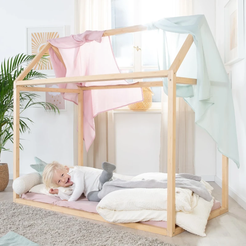roba Sustainable Montessori House Bed 70 x 140 cm - Children's Bed Made of FSC Certified Solid Wood - from 12 Months Upwards - Natural Bamboo