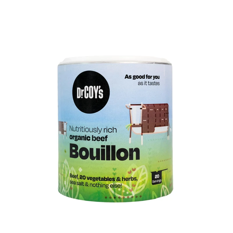 Dr. Coy's Organic Beef Bouillon Powder - 125g - Gluten Free Beef Broth for Soups, Beef Stock and Beef Sauces - Rich in Organic Vegetables - Ideal for Cooking & Seasoning