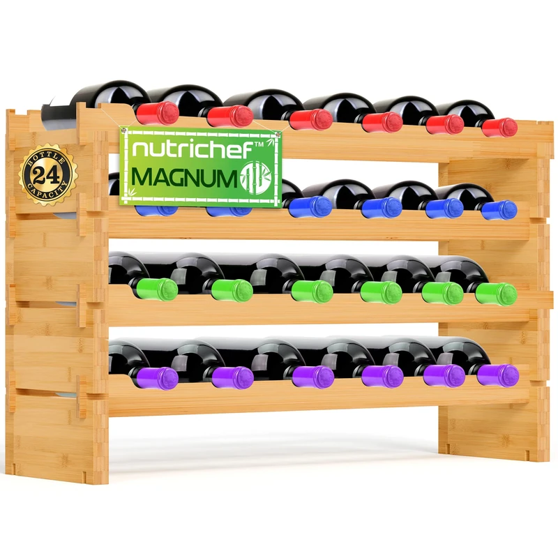Nutrichef Bamboo Modular Wine Rack for Magnum Size Wine Bottles (4” Diameter) - 24 Bottle 4-Tier 2 Cross Compatible Stackable Wine Rack Systems
