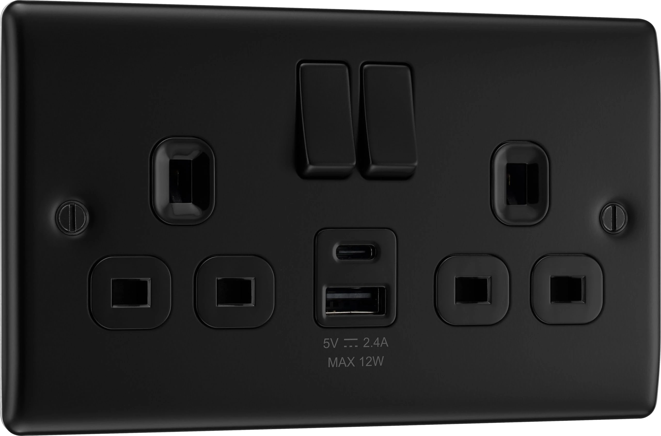BG Electrical 12W Double Switched Power Wall Plug Socket with Type A and Type C USB Charging Ports, Nexus Metal, Matt Black, 13A, NFB22UAC12B