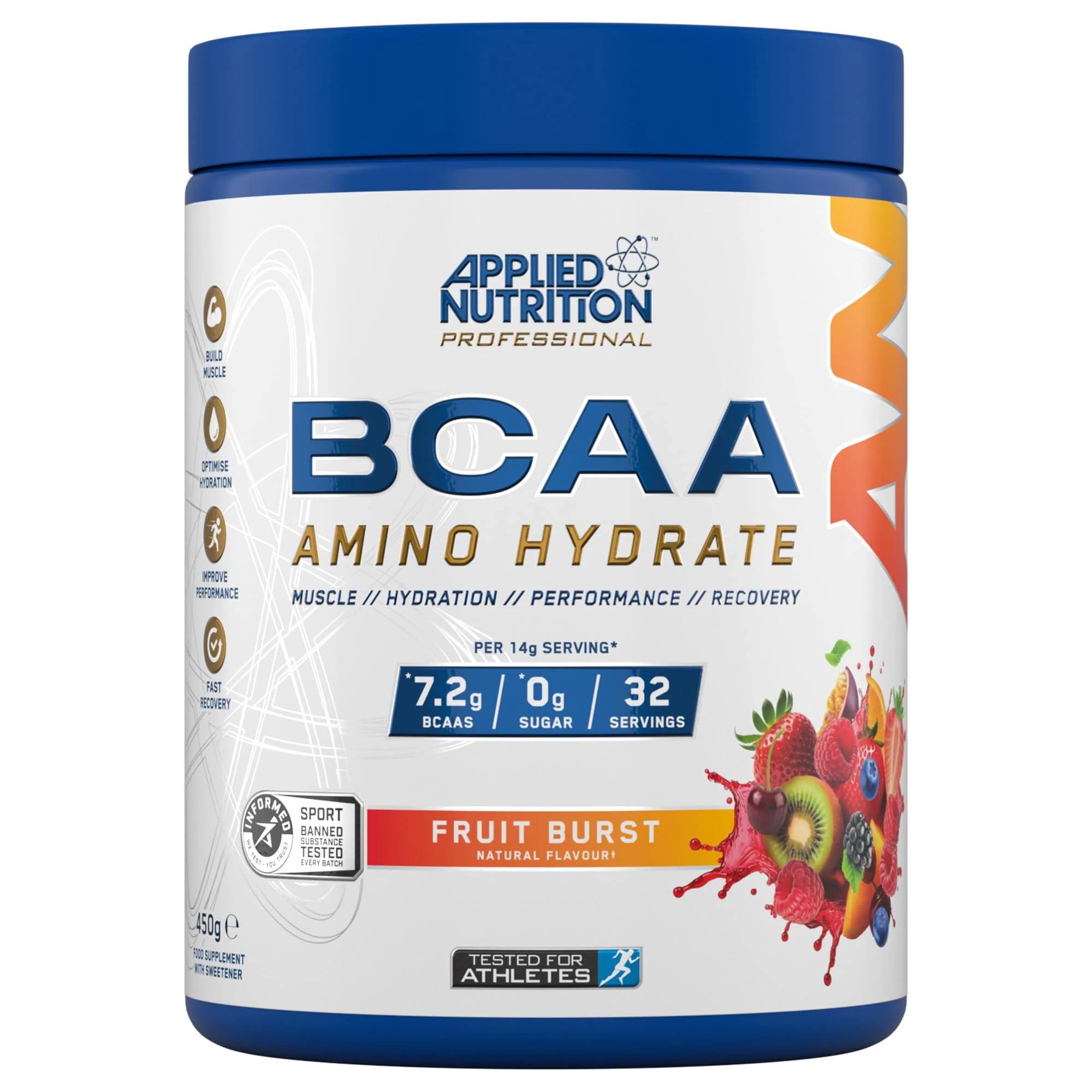Applied Nutrition BCAA Powder - Branched Chain Amino Acids BCAAs Supplement, Amino Hydrate Intra Workout & Recovery Energy Drink (450g - 32 Servings) (Fruit Burst)
