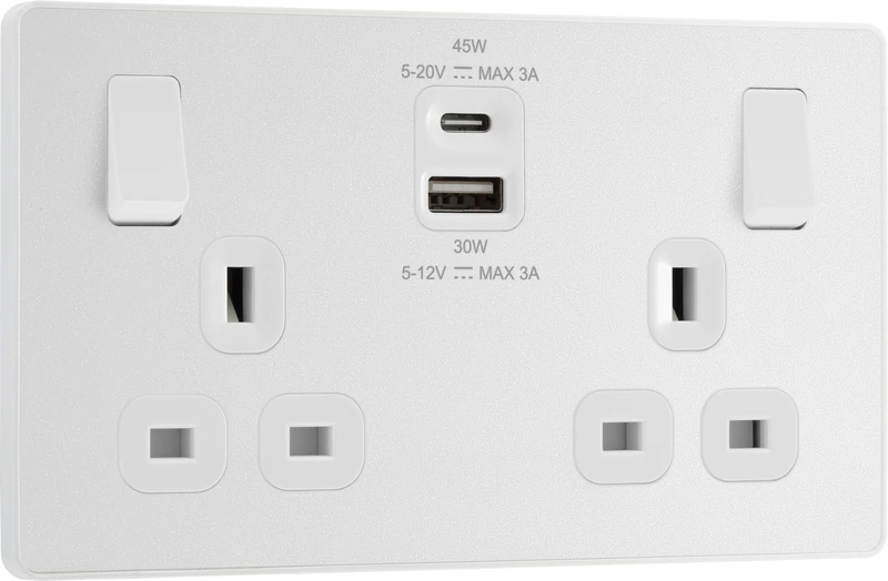 BG Electrical 45W Double Switched Power Wall Plug Socket with Super Fast Charge Type A & Type C USB Charging Ports, Evolve, Pearlescent White, 13A, PCDCL22UAC45W