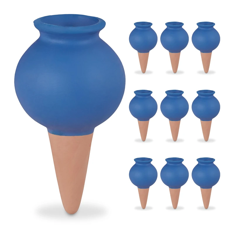 Relaxdays 10x Clay Globes, Houseplants & Flowerbeds, Automatic Watering, Ceramic, Vacation & Office, Terracotta/Blue, 12 x 6 x 6 cm