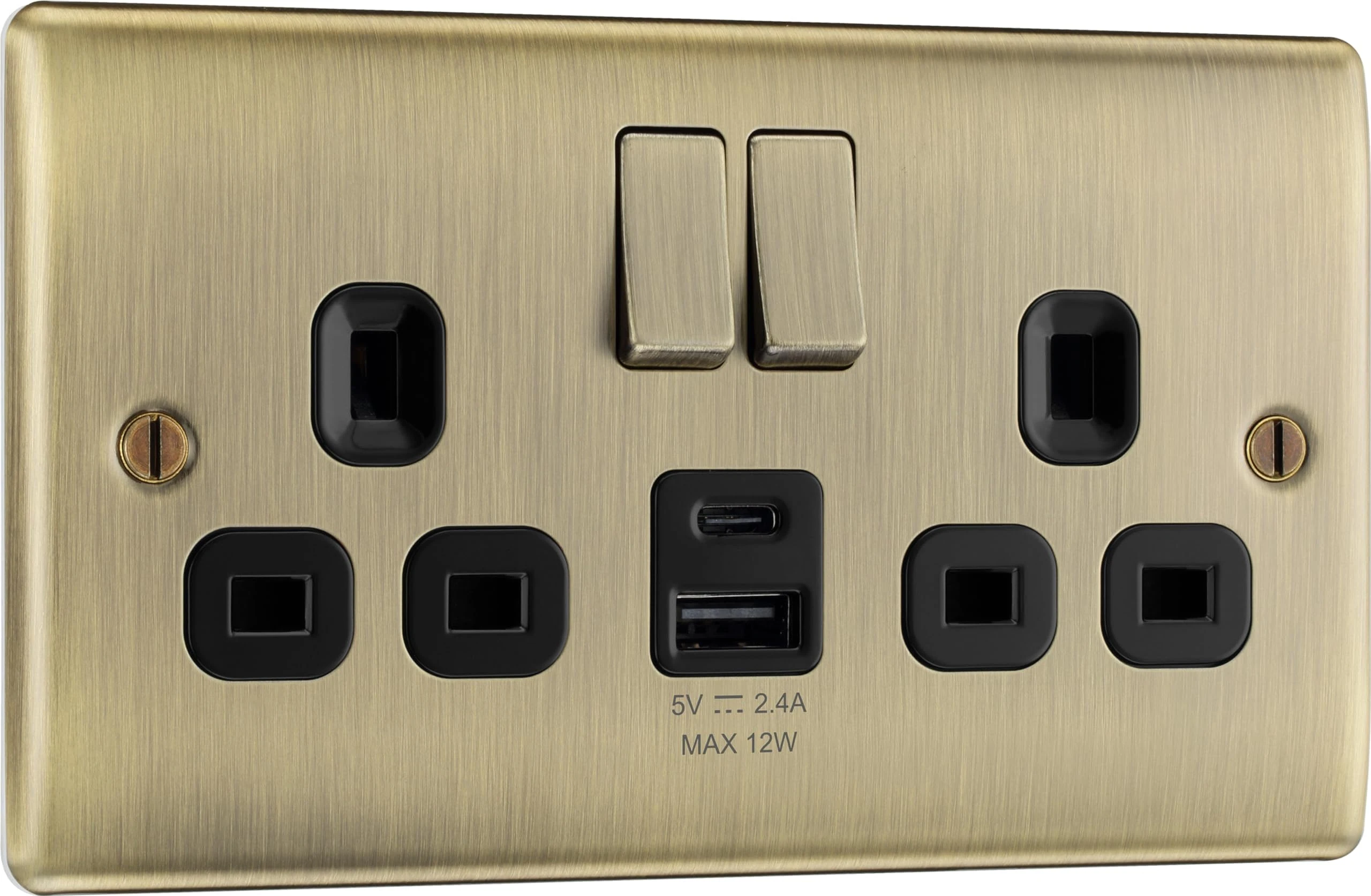 BG Electrical 12W Double Switched Power Wall Plug Socket with USB A and USB C Charging Ports, Nexus Metal, Antique Brass, 13A, NAB22UAC12B