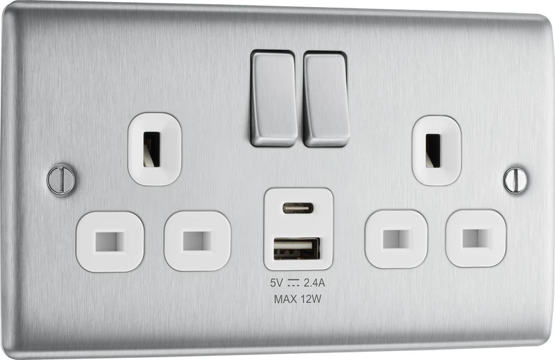 British General 12W Switched Socket with USB-A & C - Brushed Steel