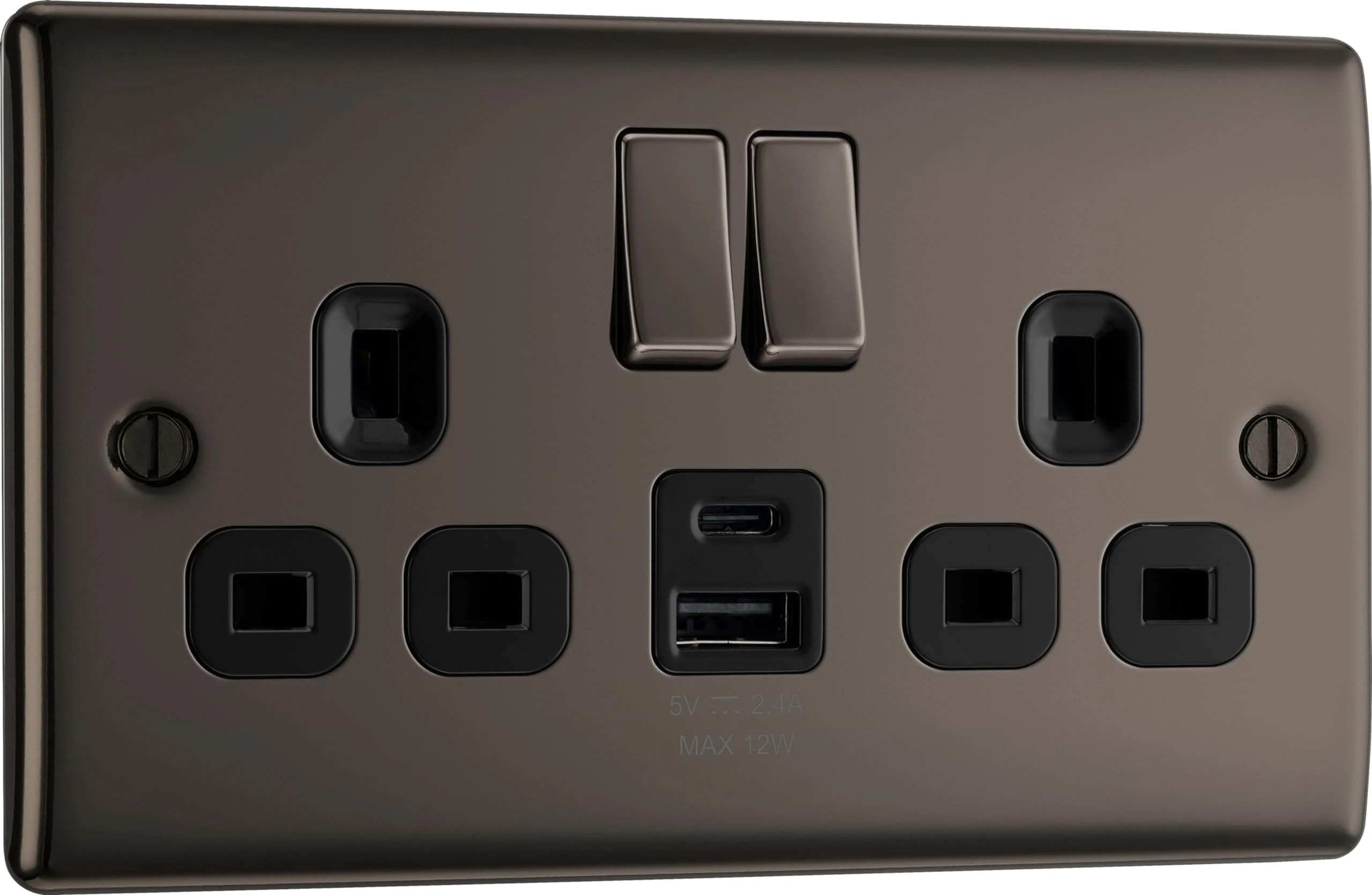 BG Electrical 12W Double Switched Power Wall Plug Socket with USB A and USB C Charging Ports, Nexus Metal, Black Nickel, 13A, NBN22UAC12B