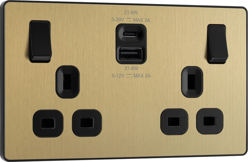 BG Electrical Double Switched Power Wall Plug Socket with Fast Charge Type A and Type C USB Charging Ports, Evolve, Satin Brass, 13A, 22W, PCDSB22UAC22B