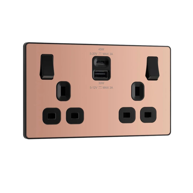 BG Electrical 45W Double Switched Power Wall Plug Socket with Super Fast Charge Type A & Type C USB Charging Ports, Evolve, Polished Copper, 13A, PCDCP22UAC45B