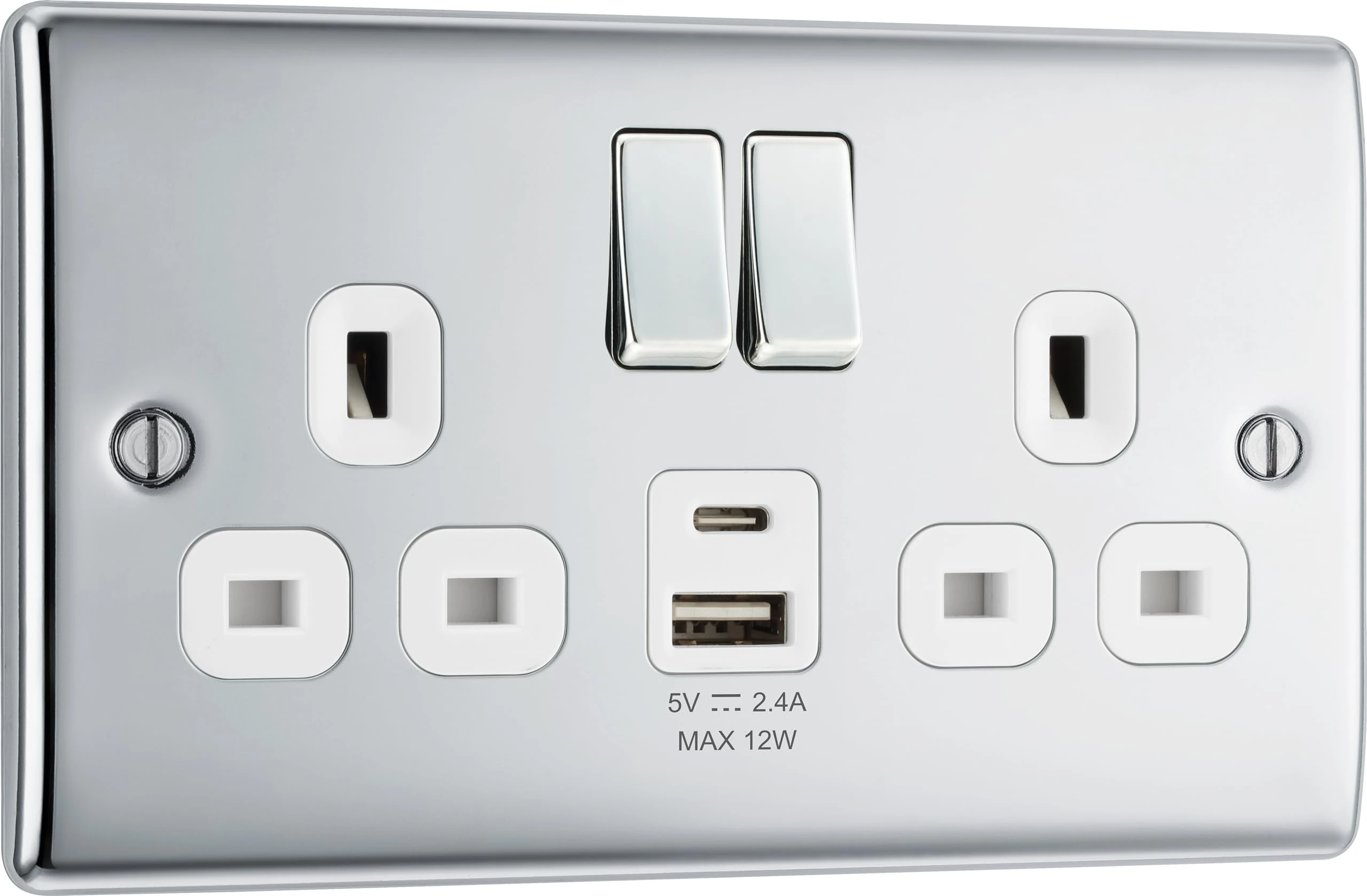 BG Electrical 12W Double Switched Power Wall Plug Socket with Type A and Type C USB Charging Ports, Nexus Metal, Polished Chrome, 13A, NPC22UAC12W