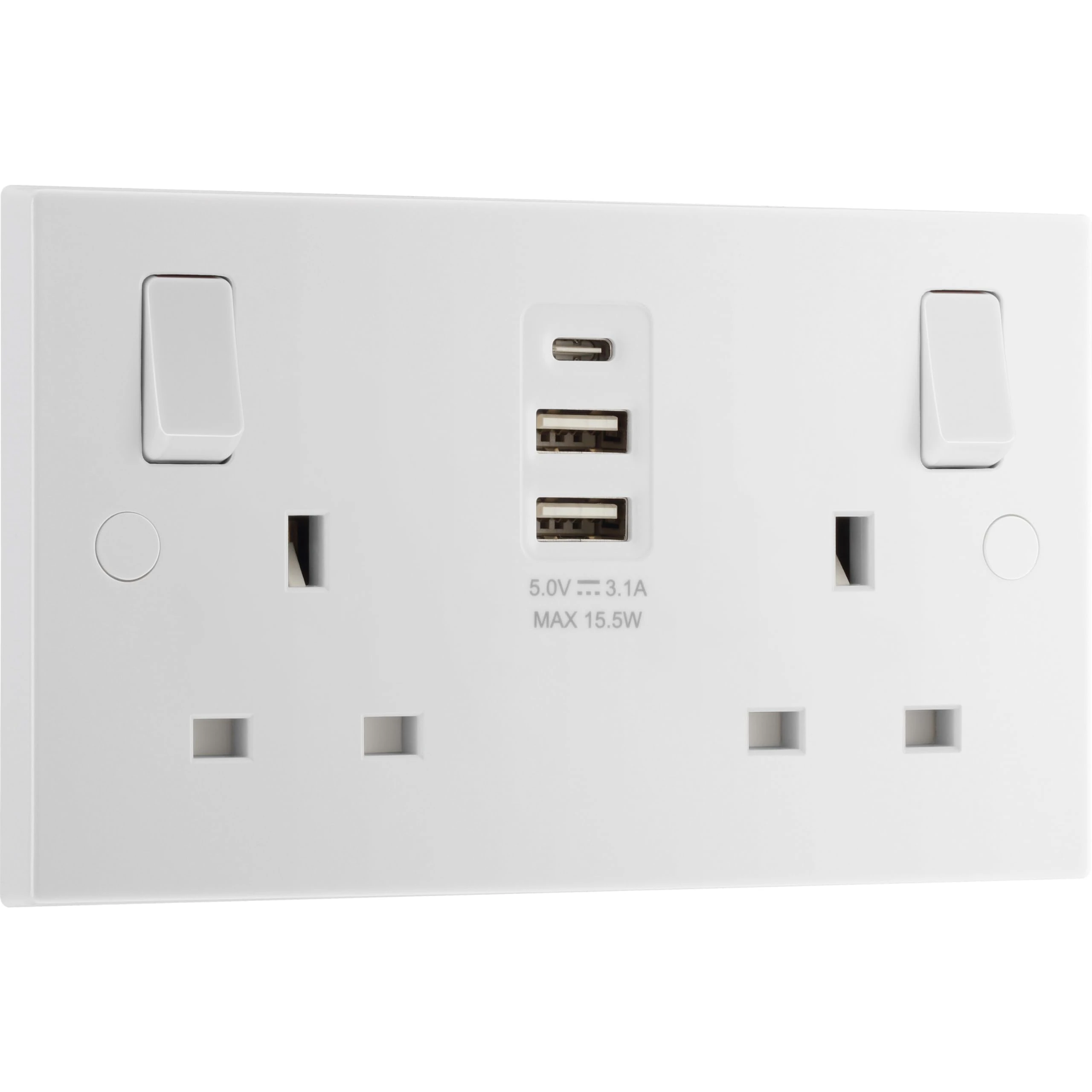 BG Electrical 15W Double Switched Power Wall Plug Socket with Two Type A and Single Type C USB Charging Ports, Square Edge, Nexus 900 Series, White Moulded, 13A, 922UAAC15