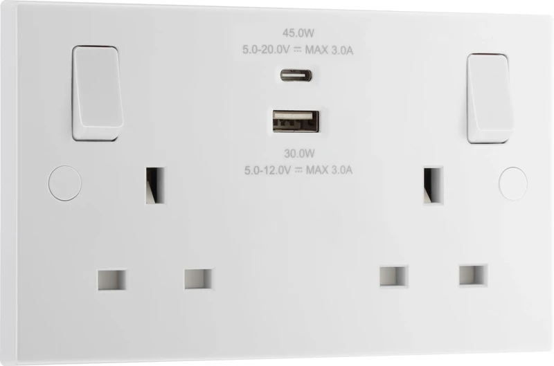 BG Electrical 45W Double Switched Power Wall Plug Socket with Super Fast Charge Type A & C USB Charging Ports, Square Edge, Nexus 900 Series, White Moulded, 13A, 922UAC45
