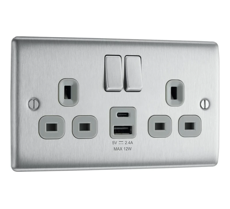 BG Electrical 12W Double Switched Power Wall Plug Socket with Type A and Type C USB Charging Ports, Nexus Metal, Brushed Steel, Grey Inserts, 13A, NBS22UAC12G