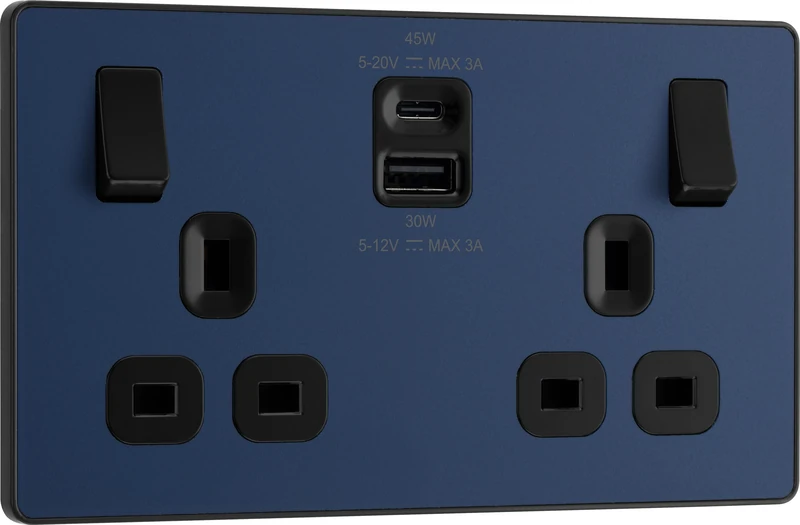 BG Electrical 45W Double Switched Power Wall Plug Socket with Super Fast Charge Type A and Type C USB Charging Ports, Evolve, Matt Blue, 13A, PCDDB22UAC45B