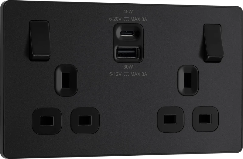 BG Electrical 45W Double Switched Power Wall Plug Socket with Super Fast Charge Type A and Type C USB Charging Ports, Evolve, Matt Black, 13A, PCDMB22UAC45B