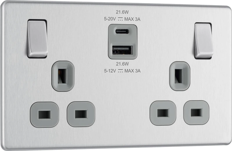 BG Electrical 22W Double Switched Power Wall Plug Socket with Fast Charge Type A and C USB Ports, Screwless, Flatplate, Brushed Steel, Grey Inserts, 13A, FBS22UAC22G